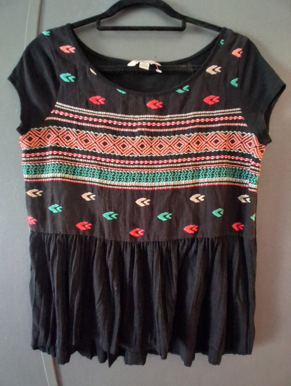 American Eagle Outfitters Black Embroidered Peplum Cap Sleeve Top SP